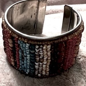 Sterling Silver w/ Small Different Colored Beads Aligned Up & Down Cuff Bracelet